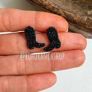 Mini Cowboy Boot Sparkling Stud Earrings Black